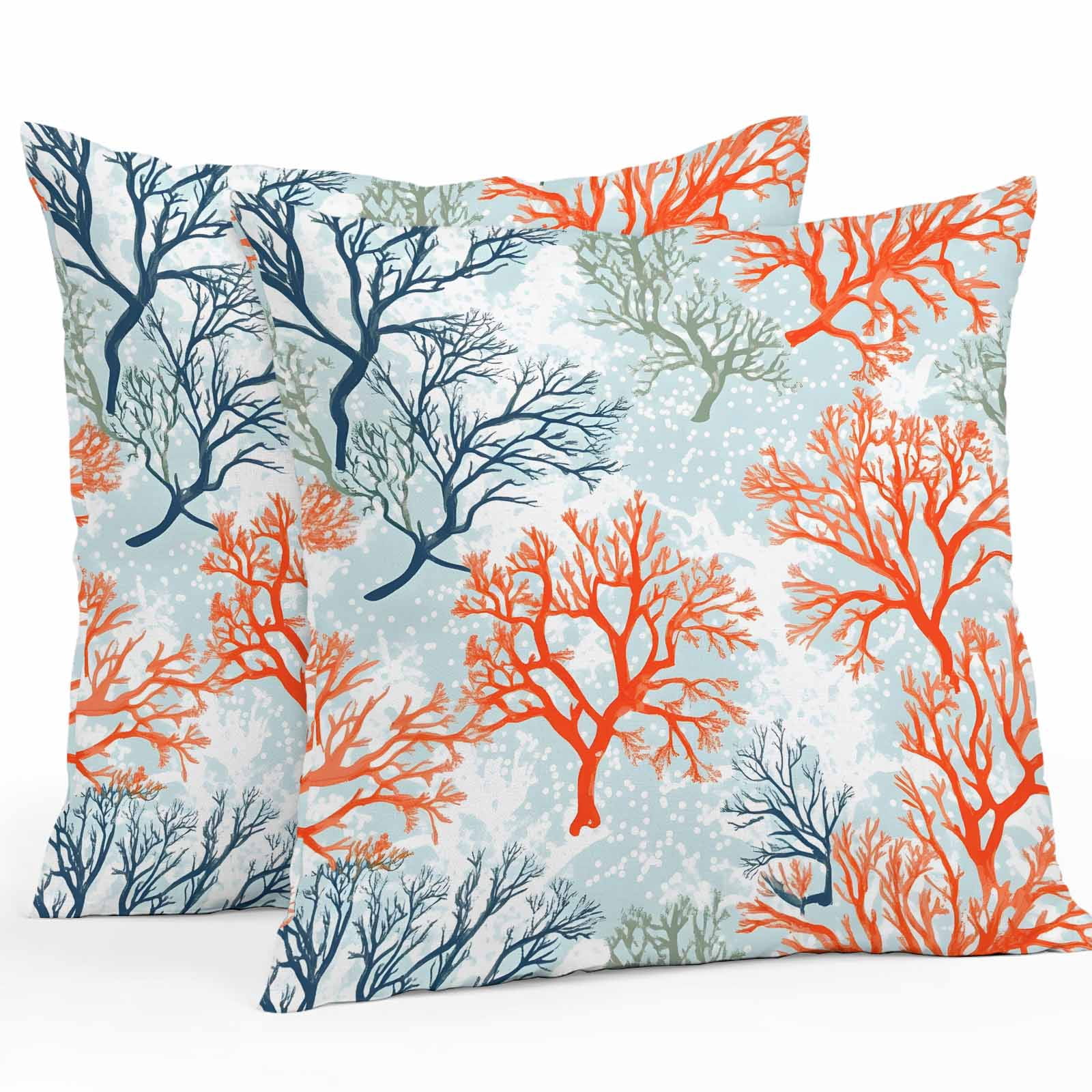 Waterproof Throw Pillow Covers Set of 2, 20x20 Inch Orange-red Coral Decorative Pillowcases Outdoor Pillow Slip Cushion Covers Set for Couch Tent Blue Ocean Coastal Nature Branch Dots