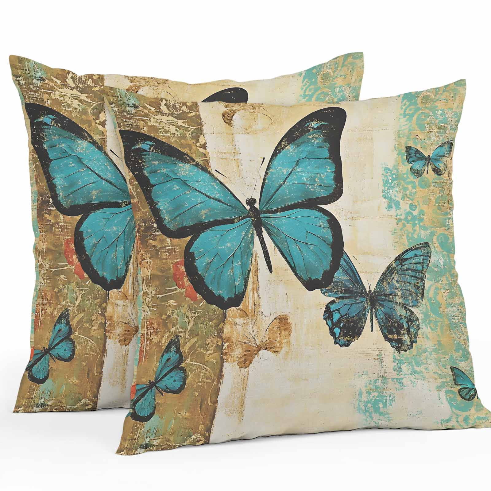 Waterproof Throw Pillow Covers Set of 2, 20x20 Inch Retro Teal Butterfly Decorative Pillowcases Outdoor Pillow Slip Cushion Covers Set for Couch Tent Summer Butterflies Vintage