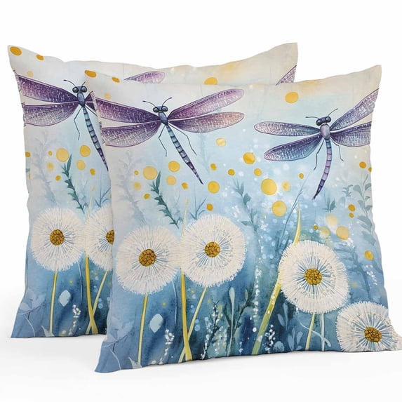 Waterproof Throw Pillow Covers Set of 2, 20x20 Inch Spring Summer Floral Decorative Pillowcases Outdoor Pillow Slip Cushion Covers Set for Couch Tent Watercolor Summer Dragonfly