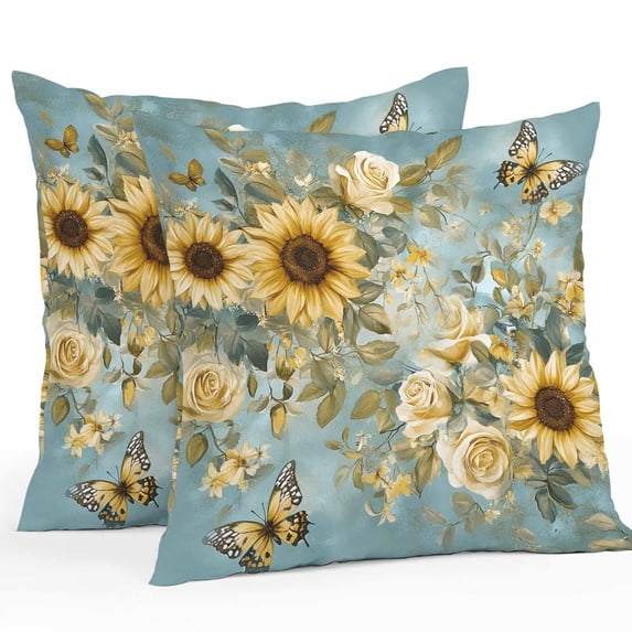Waterproof Throw Pillow Covers Set of 2, 20x20 Inch Spring Yellow Sunflower Decorative Pillowcases Outdoor Pillow Slip Cushion Covers Set for Couch Tent Roes Butterfly Teal Pastoral