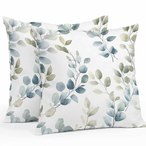 Waterproof Throw Pillow Covers Set of 2, 20x20 Inch Teal Blue Botanical Decorative Pillowcases Outdoor Pillow Slip Cushion Covers Set for Couch Tent Eucalyptus Leaves Watercolor Summer