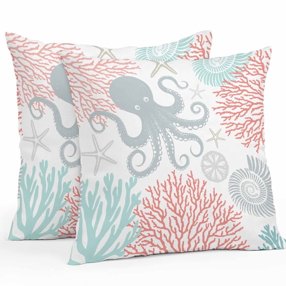 Waterproof Throw Pillow Covers Set of 2, 20x20 Inch Teal Red Octopus Coastal Decorative Pillowcases Outdoor Pillow Slip Cushion Covers Set for Couch Tent Nautical Coral Starfish
