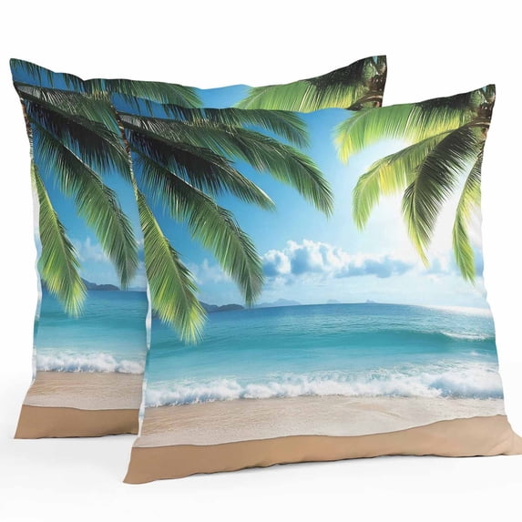 Waterproof Throw Pillow Covers Set of 2, 24x24 Inch Beach Ocean Decorative Pillowcases Outdoor Pillow Slip Cushion Covers Set for Couch Tent Summer Blue Sky Botanical Tree Leaves