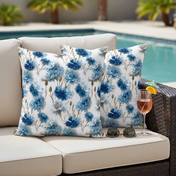 Waterproof Throw Pillow Covers Set of 2, 24x24 Inch Blue Floral Decorative Pillowcases Outdoor Pillow Slip Cushion Covers Set for Couch Tent Vintage Cornflower Leaves Rustic Plants