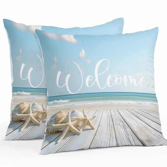 Waterproof Throw Pillow Covers Set of 2, 24x24 Inch Coastal Wooden Decorative Pillowcases Outdoor Pillow Slip Cushion Covers Set for Couch Tent Welcome Summer Seaside Starfish Shell