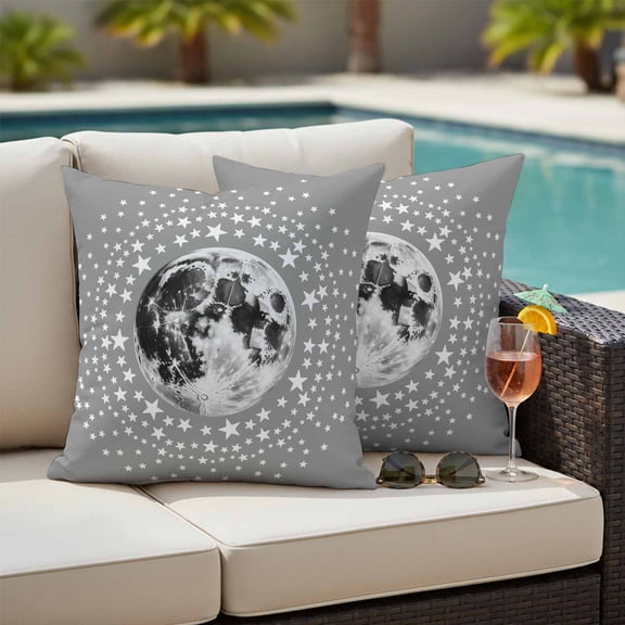 Waterproof Throw Pillow Covers Set of 2, 24x24 Inch Grey Moon Decorative Pillowcases Outdoor Pillow Slip Cushion Covers Set for Couch Tent Modern Abstract Minimalist Stars Artwork