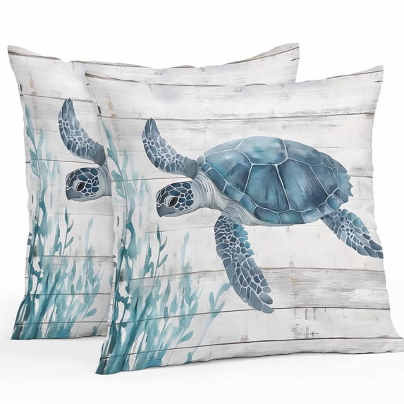 Waterproof Throw Pillow Covers Set of 2, 24x24 Inch Ocean Sea Turtle Decorative Pillowcases Outdoor Pillow Slip Cushion Covers Set for Couch Tent Summer Coastal Seaweed Vintage Wood Grain