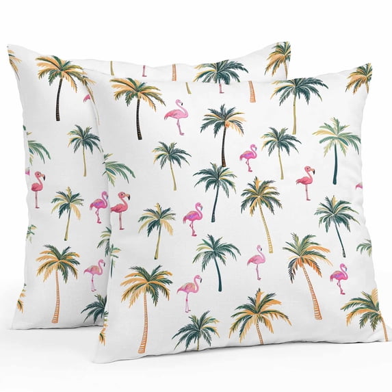 Waterproof Throw Pillow Covers Set of 2, 24x24 Inch Palm Trees Decorative Pillowcases Outdoor Pillow Slip Cushion Covers Set for Couch Tent Watercolor Tropical Flamingo Summer