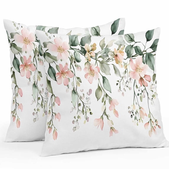 Waterproof Throw Pillow Covers Set of 2, 24x24 Inch Pink Flower Eucalyptus Decorative Pillowcases Outdoor Pillow Slip Cushion Covers Set for Couch Tent Spring Botanical Green Leaf