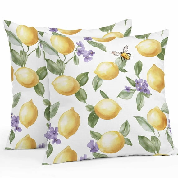Waterproof Throw Pillow Covers Set of 2, 24x24 Inch Summer Lemon Decorative Pillowcases Outdoor Pillow Slip Cushion Covers Set for Couch Tent Spring Purple Floral Botanical Bee