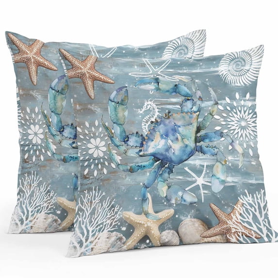 Waterproof Throw Pillow Covers Set of 2, 24x24 Inch Teal Coastal Crab Decorative Pillowcases Outdoor Pillow Slip Cushion Covers Set for Couch Tent Nautical Starfish Coral Summer