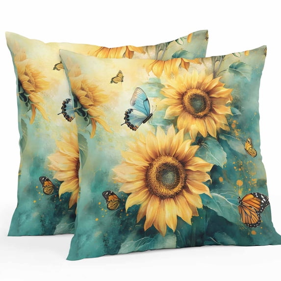 Waterproof Throw Pillow Covers Set of 2, 24x24 Inch Yellow Sunflower Butterfly Decorative Pillowcases Outdoor Pillow Slip Cushion Covers Set for Couch Tent Teal Leaves Retro Abstract