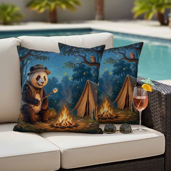 Waterproof Throw Pillow Covers Set of 2, 26x26 Inch Camping Panda Decorative Pillowcases Outdoor Pillow Slip Cushion Covers Set for Couch Tent Abstract Cute Animal Tent Owl Night