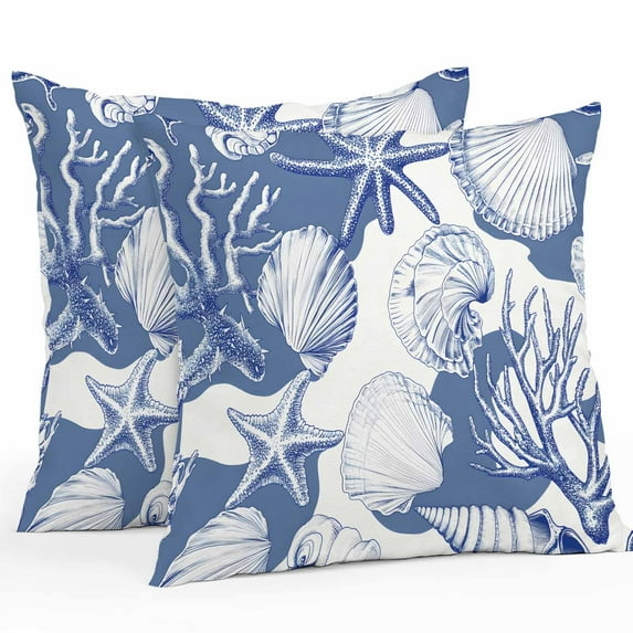 Waterproof Throw Pillow Covers Set of 2, 26x26 Inch Coastal Blue Coral Decorative Pillowcases Outdoor Pillow Slip Cushion Covers Set for Couch Tent Summer Ocean Watercolor Shell