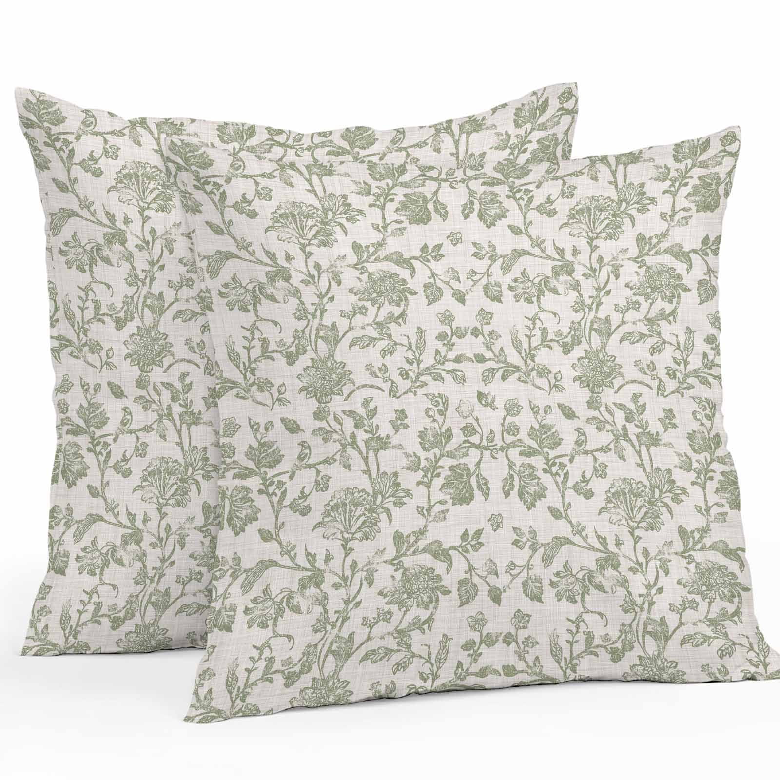 Waterproof Throw Pillow Covers Set of 2, 26x26 Inch Farmhouse Sage Green Decorative Pillowcases Outdoor Pillow Slip Cushion Covers Set for Couch Tent Vintage Flower Leaf Botanical