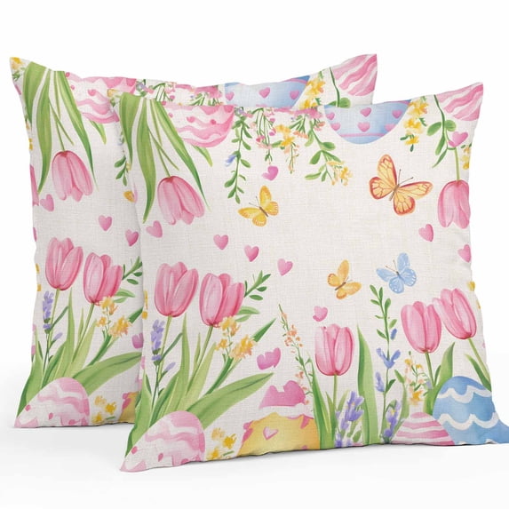 Waterproof Throw Pillow Covers Set of 2, 26x26 Inch Pink Tulip Easter Decorative Pillowcases Outdoor Pillow Slip Cushion Covers Set for Couch Tent Pastoral Spring Floral Watercolor