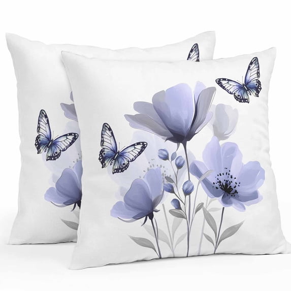 Waterproof Throw Pillow Covers Set of 2, 26x26 Inch Spring Flowers Decorative Pillowcases Outdoor Pillow Slip Cushion Covers Set for Couch Tent Pastoral Purple Butterfly Floral Plants