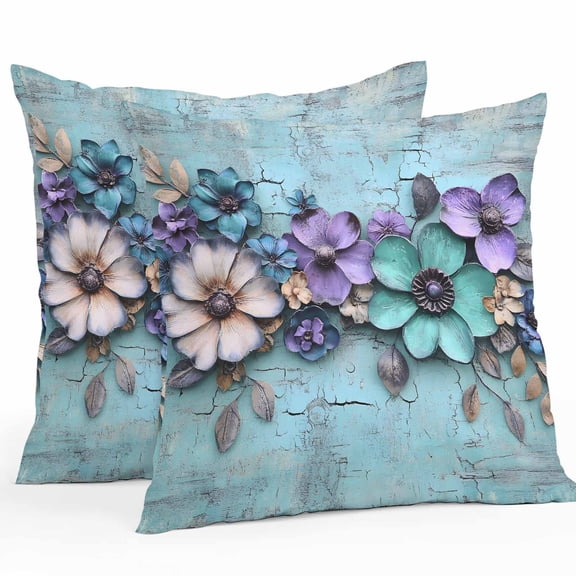 Waterproof Throw Pillow Covers Set of 2, 26x26 Inch Spring Purple Flowers Decorative Pillowcases Outdoor Pillow Slip Cushion Covers Set for Couch Tent Floral Mottled Teal Wall Retro