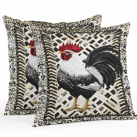 Waterproof Throw Pillow Covers Set of 2, 26x26 Inch Vintage Rooster Decorative Pillowcases Outdoor Pillow Slip Cushion Covers Set for Couch Tent Farmhouse Black White Animals Watercolor