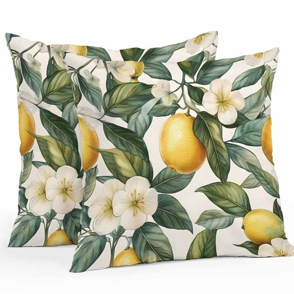 Waterproof Throw Pillow Covers Set of 2, 26x26 Inch Watercolor Lemon Decorative Pillowcases Outdoor Pillow Slip Cushion Covers Set for Couch Tent Green Yellow Fruit Country Flower