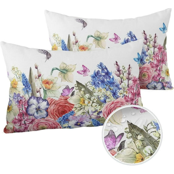 Waterproof Throw Pillow Covers, Spring Floral Flowers Pink Blue Purple Red Decorative Pillowcase Soft Cushion Case for Patio Couch Tent Balcony, Set of 2 Rectangle, 20"X12"