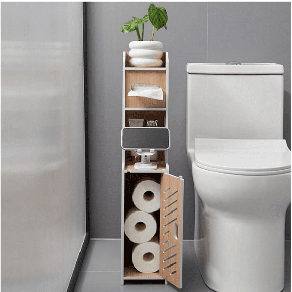 Waterproof Toilet Paper Holder Behind Toilet Storage Cabinet for Restroom, Slim Toilet Paper Storage with Lid (0ak)
