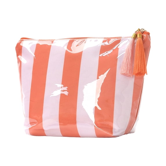 Waterproof Toiletry Bag, Striped PVC Tassel Cosmetic Pouch, Large Portable Travel Organizer For Makeup Brushes(7.7"*10.2",Orange)