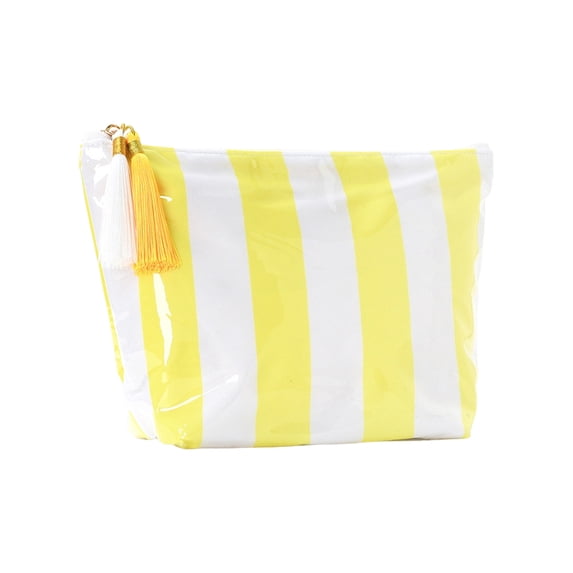Waterproof Toiletry Bag, Striped PVC Tassel Cosmetic Pouch, Large Portable Travel Organizer For Makeup Brushes(7.7"*10.2",Yellow)