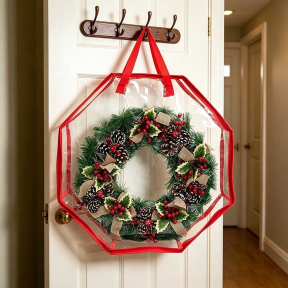 Waterproof Transparent PVC Holiday Wreath Storage Container, Red Edged Tear Resistant Wreath Holder With Built-In Handles For Artificial Front Door Garland Storage(29.9*29.9 in)