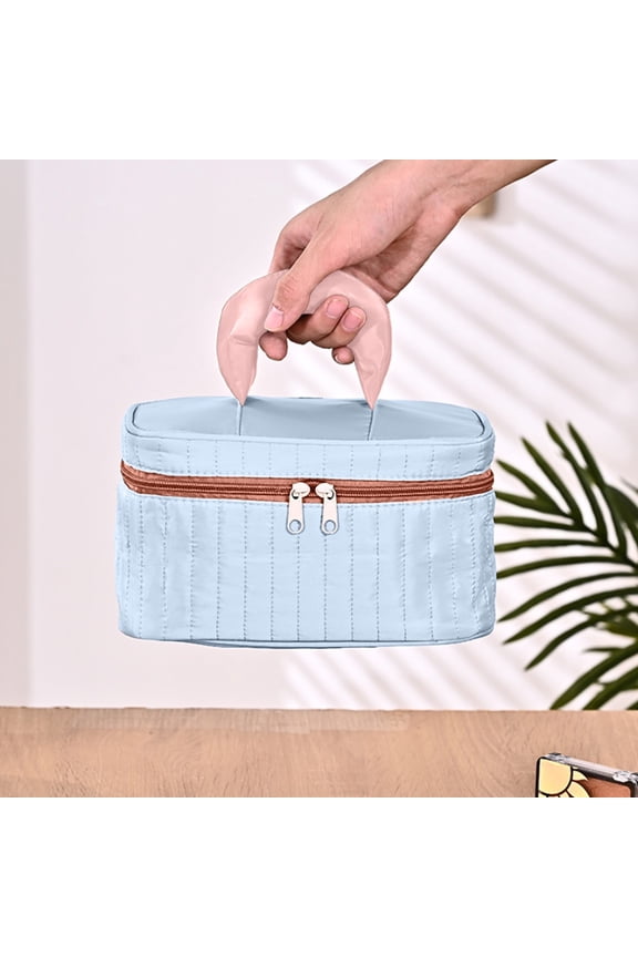 Waterproof Travel Makeup Bag for Teens – Cute Blue Cosmetic Organizer with Brush Holder & Handles, Large Capacity Nylon Toiletry Bag for Spring Break, Gifts Blue