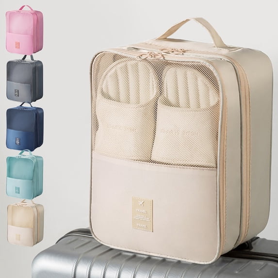 Waterproof Travel Shoe Bag Organizer | Holds 3 Pairs | Multi-Layer Storage, Durable Polyester, Trolley Sleeve | Fits Men’s & Women’s Shoes | Beige Gray Blue Navy Pink 11.8"x9"x5.3"
