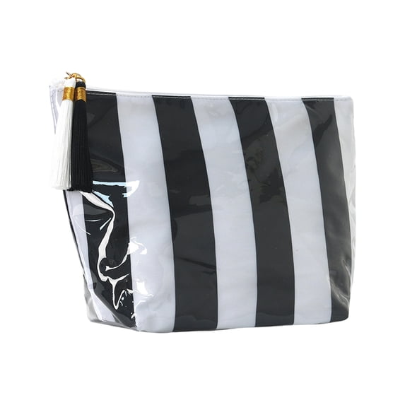 Waterproof Travel Toiletry Bag Large Capacity PVC,Clear Zippered Cosmetic Organizer,Portable Striped Makeup Pouch for Bathroom Vanity Black