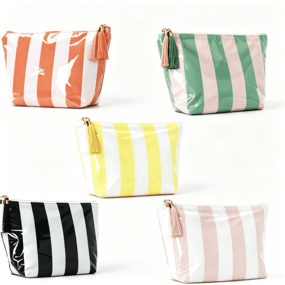 Waterproof Travel Toiletry Bag Large Capacity PVC,Clear Zippered Cosmetic Organizer,Portable Striped Makeup Pouch for Bathroom Vanity Orange