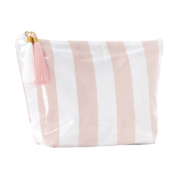 Waterproof Travel Toiletry Bag Large Capacity PVC,Clear Zippered Cosmetic Organizer,Portable Striped Makeup Pouch for Bathroom Vanity Pink