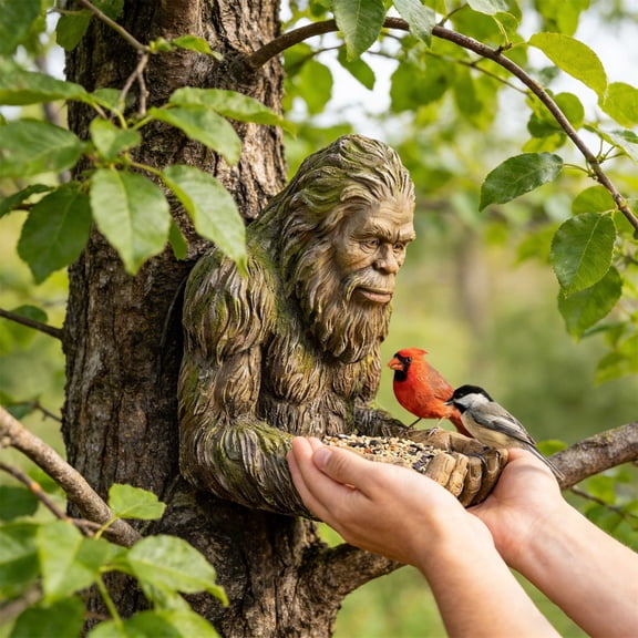Waterproof Tree-Mounted Outdoor Sculpture Bird Feeder, Resin Sasquatch Figure with Hidden Keyhole Hanger for Garden and Backyard Decor