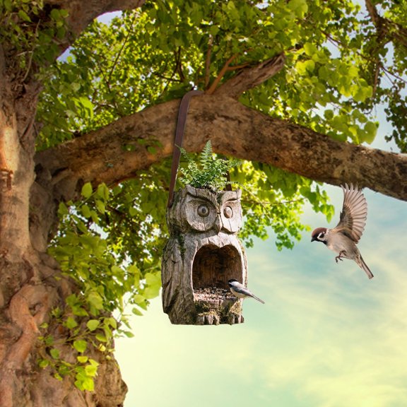 Waterproof Tree-Mounted Resin Bird Feeder, Outdoor Tree Face Bird Feeder Sculpture, Owl Garden Yard Art Decor for Backyard Wildlife (Green)
