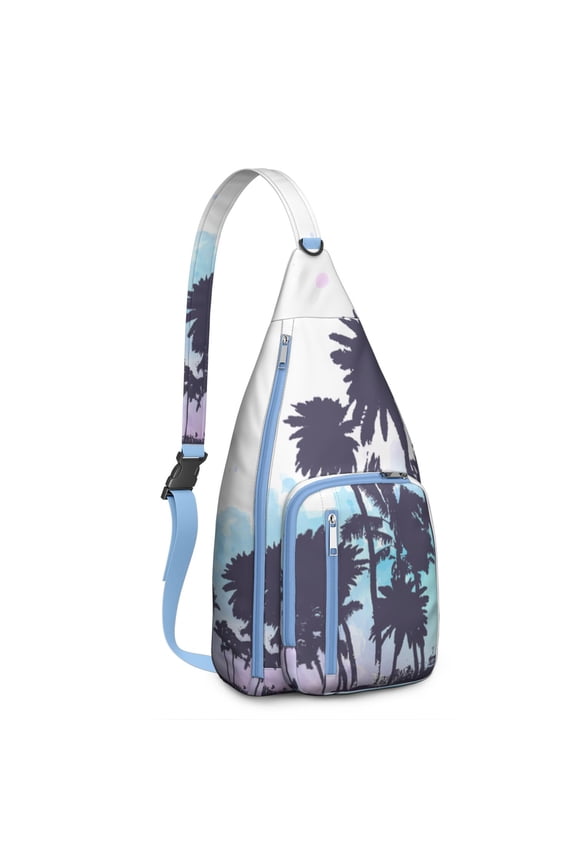 Waterproof Twill Hiking Sling Backpack - Tropical Palm Trees & Hawaii Beach Sunset Design, Adjustable Crossbody Bag for Travel/Hiking/Beach, Minimalist Tropical Paradise Daypack