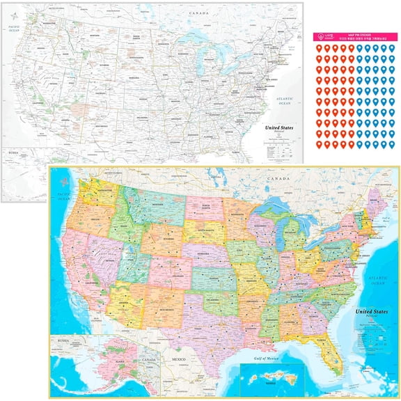 Waterproof USA Map Poster 24x36 Folded Double Sided United States Travel Map with Pin Stickers Tear Resistant Wall Map
