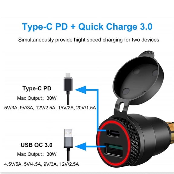 Waterproof USB Type C Fast Charger Red LED Light For BMW F800GS F650GS F700GS