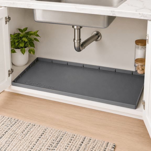 Waterproof Under Sink Mat for 36" Cabinets, Gray Silicone Leak Protector for Kitchen and Bathroom, Holds Liquid