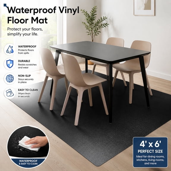 Waterproof Vinyl Floor Mat, Heavy Duty Plastic Rug Protector for Dining Room, Kitchen, Living Room, Garage, Yard - 4' x 6