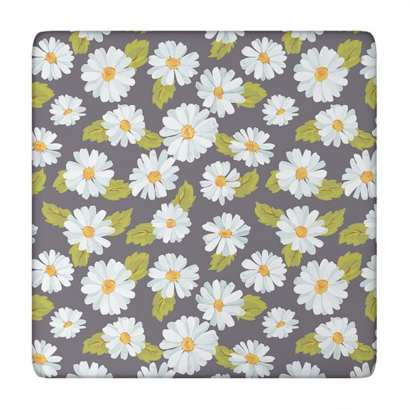 Waterproof Vinyl Tablecloth Square Fitted with Retro Daisy Graphic, Yellow Boho Aesthetic Floral Pattern, Back for Outdoor Dining