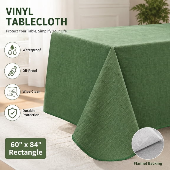 Waterproof Vinyl Tablecloth with Flannel Backing, Square Oil-Proof PVC Table Cover for Indoor Outdoor Use, Dark Green 60x60 Inch
