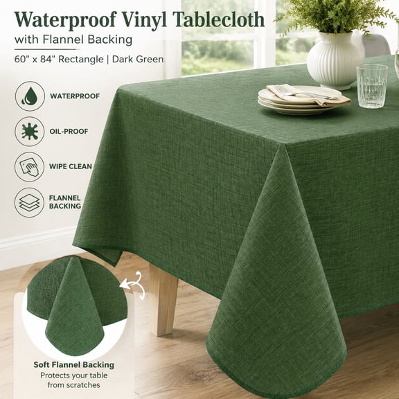 Waterproof Vinyl Tablecloth with Flannel Backing, Square PVC Table Cover, Oil-Proof, Wipeable, Indoor Outdoor Use, Dark Green 60x60 Inch