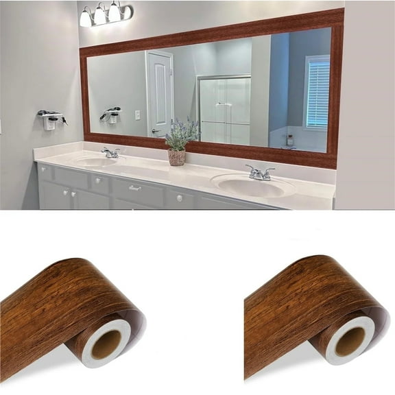 Waterproof Wall Border Peel Bathroom Mirror Frame Border Sticker 2 Pcs Self Adhesive Floor Repair Patch Removable Border Sticker for Bathroom Living Room Kitchen(16.4 ft x 3.9 in Brown)
