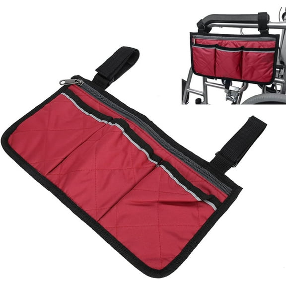 Waterproof Wheelchair Side Bag,3 Pockets Armrest Pouch Bag with Reflective Stripe Storage Organizers Wheelchair Accessories for Walkers Rollators Scooters,Red