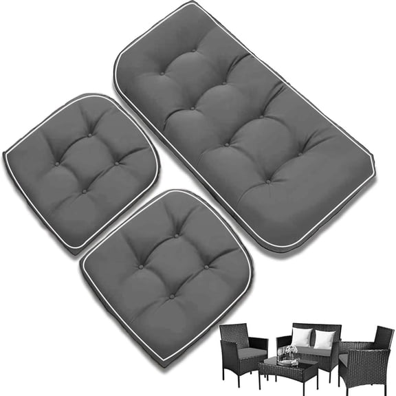 Waterproof Wicker Chair Cushions of 3 Pieces Piped Edges Premium Thick Cushions, All Weather Outdoor Loveseat Cushions for Patio Seat, 1 Loveseat and 2 U-Shaped Cushions, Gray