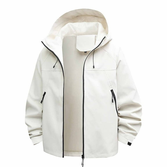 Waterproof Windproof Jackets Womens Full-zip Outdoors Hiking Hooded Windbreaker Coat with Pockets Plus Size (L, White)