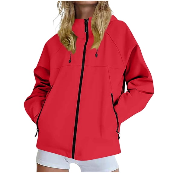 Waterproof Windproof Jackets Womens Full-zip Outdoors Hiking Hooded Windbreaker Coat with Pockets Plus Size (M, Red)