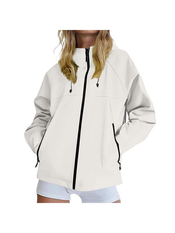 Waterproof Windproof Jackets Womens Full-zip Outdoors Hiking Hooded Windbreaker Coat with Pockets Plus Size (XL, White)